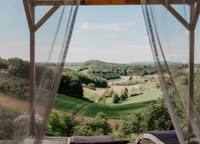 Himmelbett auf Terrasse mit Blick auf Weinreben im Weingarten-Resort Unterlamm Loipersdorf